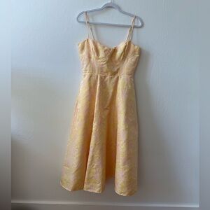 Lulus Yellow pink Jacquard Midi Dress L Floral Bustier Wedding Guest